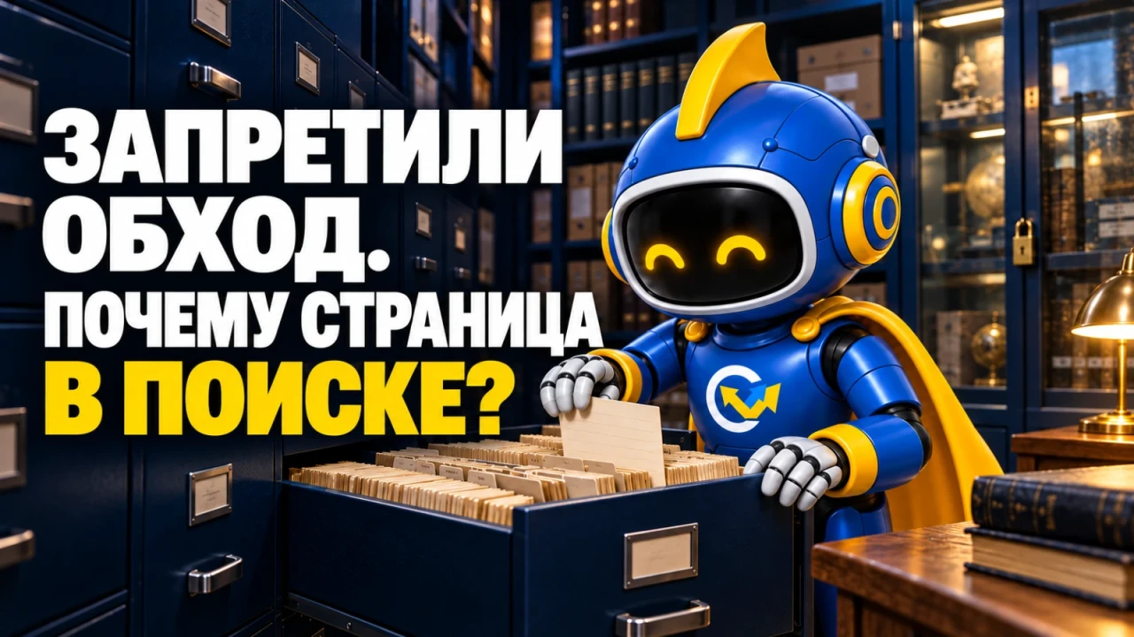 Фирменный вир ищет карточку в каталоге наполненного архива; заголовок «ЗАПРЕТИЛИ ОБХОД. ПОЧЕМУ СТРАНИЦА В ПОИСКЕ?»