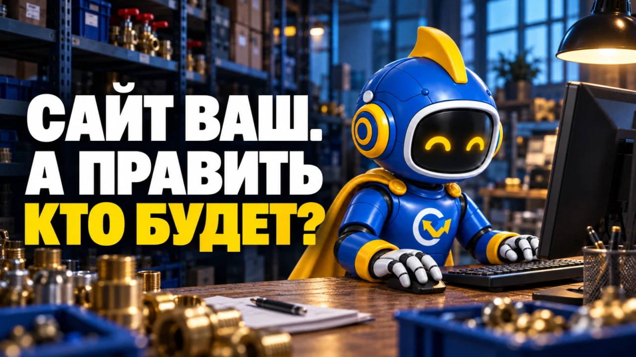 Фирменный вир редактирует каталог у стационарного терминала среди технических товаров; заголовок «САЙТ ВАШ. А ПРАВИТЬ КТО БУДЕТ?»