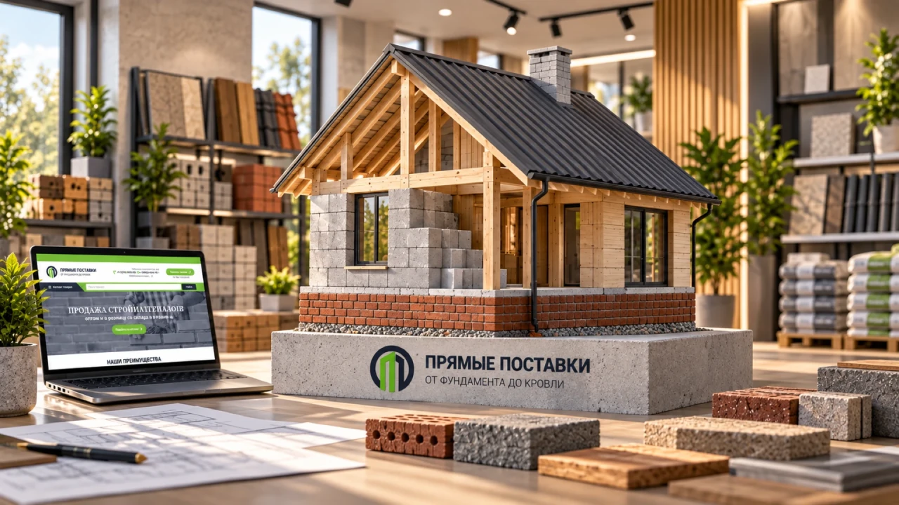 Прямые поставки: модель дома из строительных материалов с логотипом на фундаменте