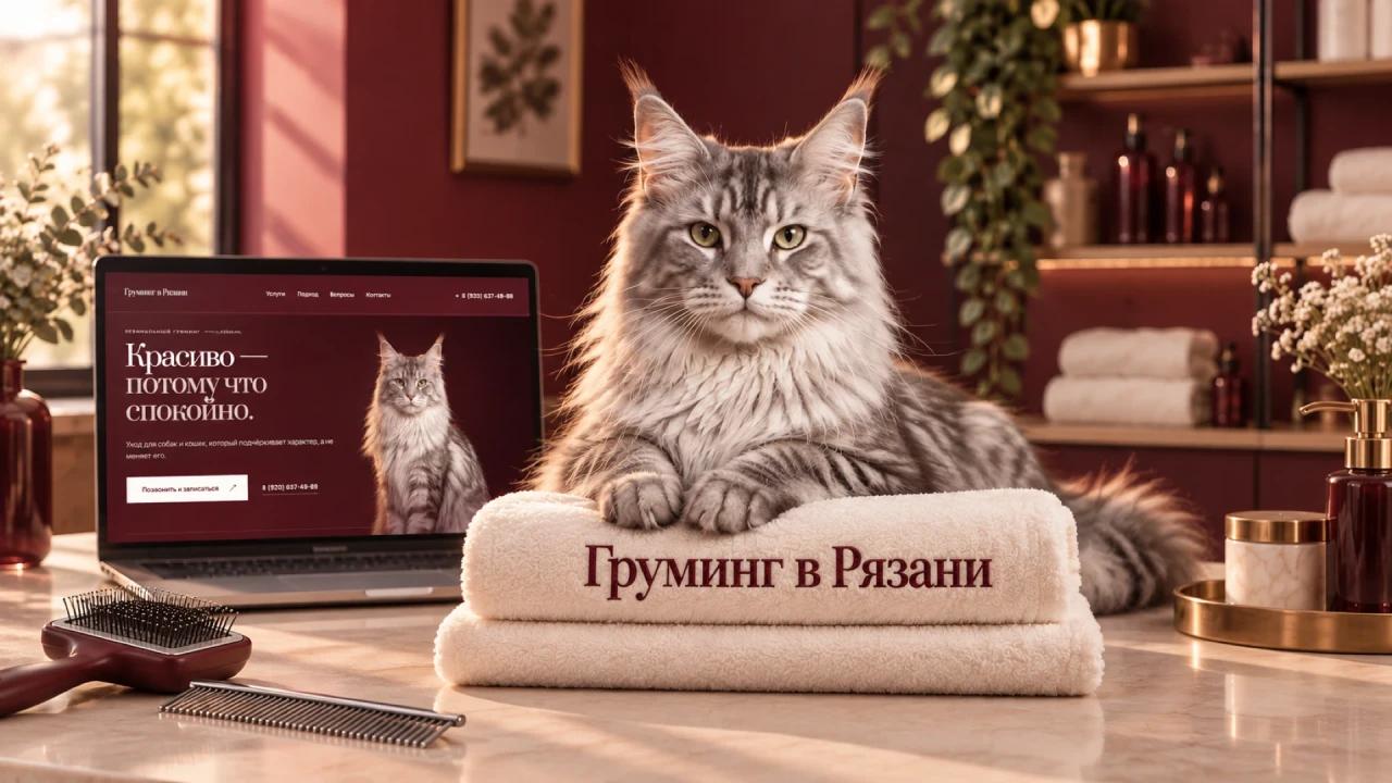Груминг в Рязани: мейн-кун, фирменное название на полотенце и ноутбук с сайтом