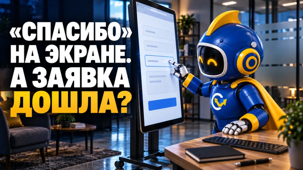 Фирменный вир проверяет поле формы на большом сенсорном экране в комнате тестирования; заголовок ««СПАСИБО» НА ЭКРАНЕ. А ЗАЯВКА ДОШЛА?»