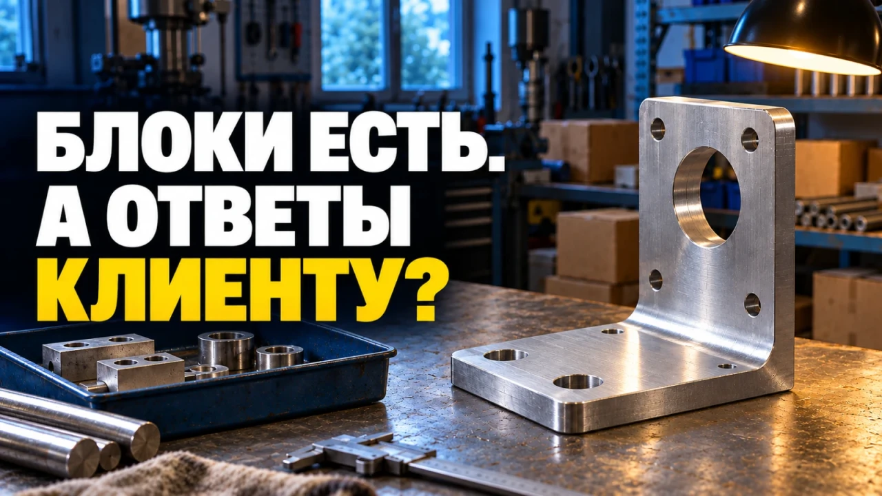 Крупная металлическая деталь, материалы в лотке и производственная мастерская; заголовок «БЛОКИ ЕСТЬ. А ОТВЕТЫ КЛИЕНТУ?»