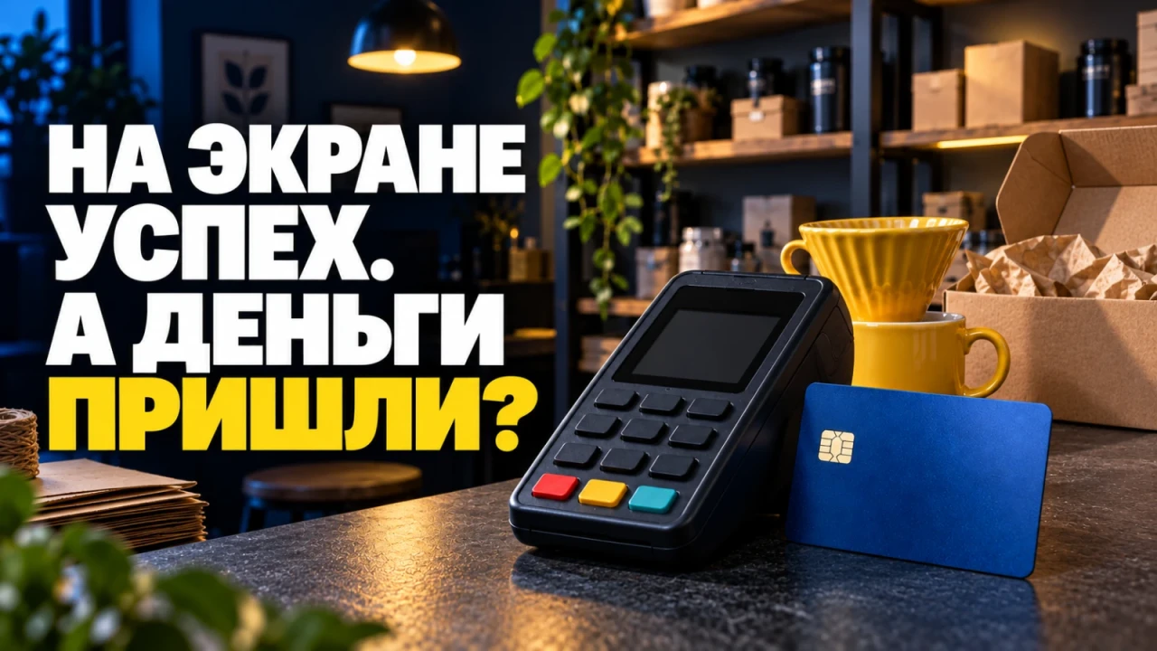 Банковская карта без реквизитов и платёжный терминал рядом с товаром; заголовок «НА ЭКРАНЕ УСПЕХ. А ДЕНЬГИ ПРИШЛИ?»