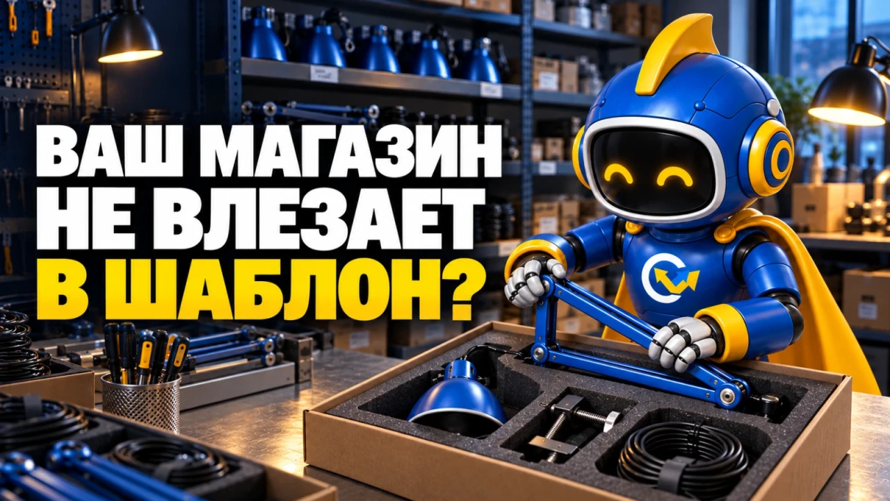 Фирменный вир комплектует индивидуальный набор освещения в мастерской; заголовок «ВАШ МАГАЗИН НЕ ВЛЕЗАЕТ В ШАБЛОН?»