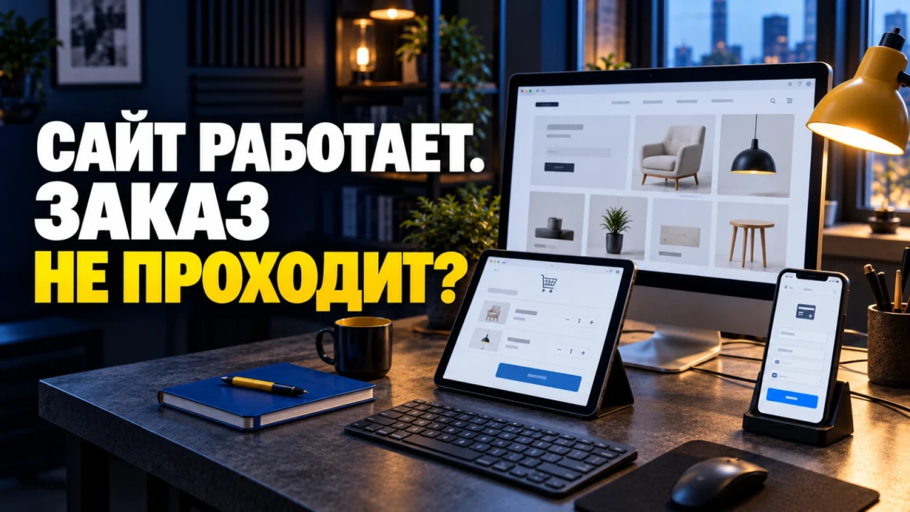 Рабочее место проверки сайта: монитор с каталогом, планшет с формой и смартфон с оформлением заказа; заголовок «САЙТ РАБОТАЕТ. ЗАКАЗ НЕ ПРОХОДИТ?»
