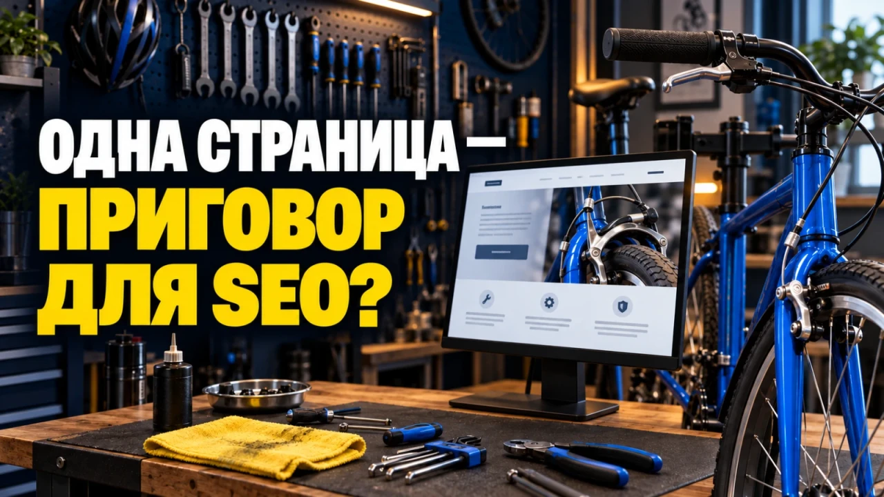 Велосипедная мастерская: синий велосипед, инструменты и стационарный экран с учебной страницей регулировки тормозов; заголовок «ОДНА СТРАНИЦА — ПРИГОВОР ДЛЯ SEO?»