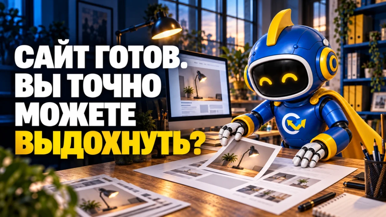 Вир готовит обновление страницы в светлой рабочей студии; заголовок «САЙТ ГОТОВ. ВЫ ТОЧНО МОЖЕТЕ ВЫДОХНУТЬ?»