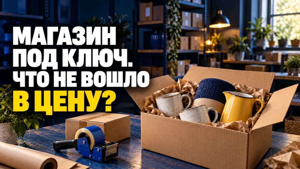 Разные товары для дома и упаковка в зоне обработки заказов; заголовок «МАГАЗИН ПОД КЛЮЧ. ЧТО НЕ ВОШЛО В ЦЕНУ?»