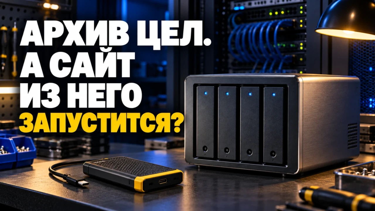Дисковое хранилище и отдельный носитель копии в технической мастерской; заголовок «АРХИВ ЦЕЛ. А САЙТ ИЗ НЕГО ЗАПУСТИТСЯ?»