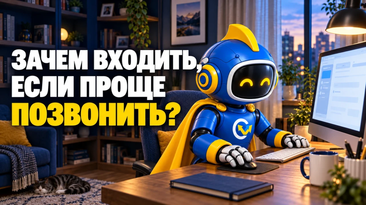 Фирменный вир работает с личным кабинетом на настольном компьютере в уютной домашней комнате; заголовок «ЗАЧЕМ ВХОДИТЬ, ЕСЛИ ПРОЩЕ ПОЗВОНИТЬ?»