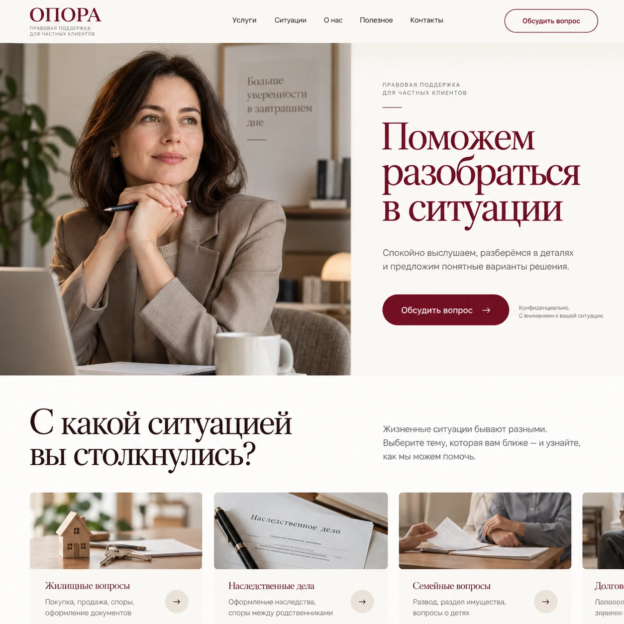 Демонстрационный десктопный макет сайта ОПОРА: портрет консультанта, кнопка обсуждения вопроса и карточки жизненных ситуаций.