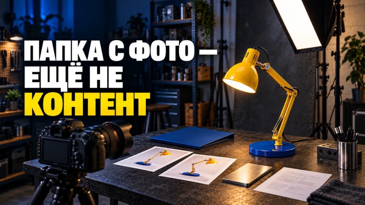Жёлтый настольный светильник, камера и подготовленные материалы в съёмочной студии; заголовок «ПАПКА С ФОТО — ЕЩЁ НЕ КОНТЕНТ»