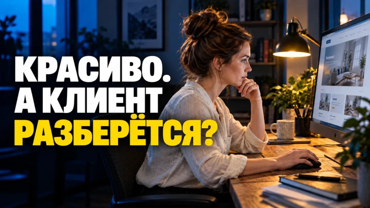 Пользовательница работает с сайтом за настольным компьютером в офисе; заголовок «КРАСИВО. А КЛИЕНТ РАЗБЕРЁТСЯ?»