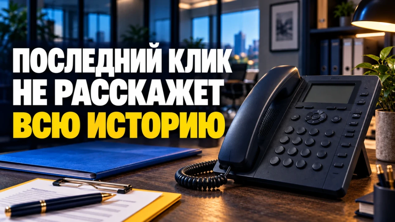 Рабочий телефон и материалы обращения в офисе; заголовок «ПОСЛЕДНИЙ КЛИК НЕ РАССКАЖЕТ ВСЮ ИСТОРИЮ»