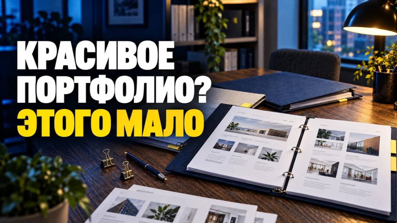 Папки с предложениями и распечатки портфолио на рабочем столе; заголовок «КРАСИВОЕ ПОРТФОЛИО? ЭТОГО МАЛО»