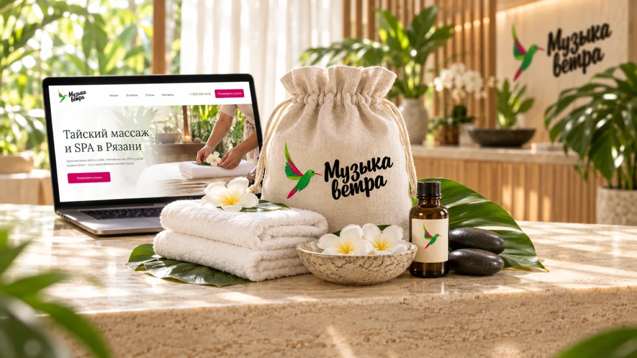Музыка ветра: фирменная колибри на льняном SPA-наборе и ноутбук с дизайном сайта