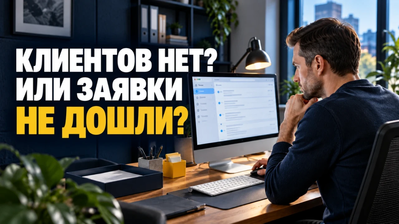 Специалист проверяет рабочую почту за компьютером в офисе; заголовок «КЛИЕНТОВ НЕТ? ИЛИ ЗАЯВКИ НЕ ДОШЛИ?»