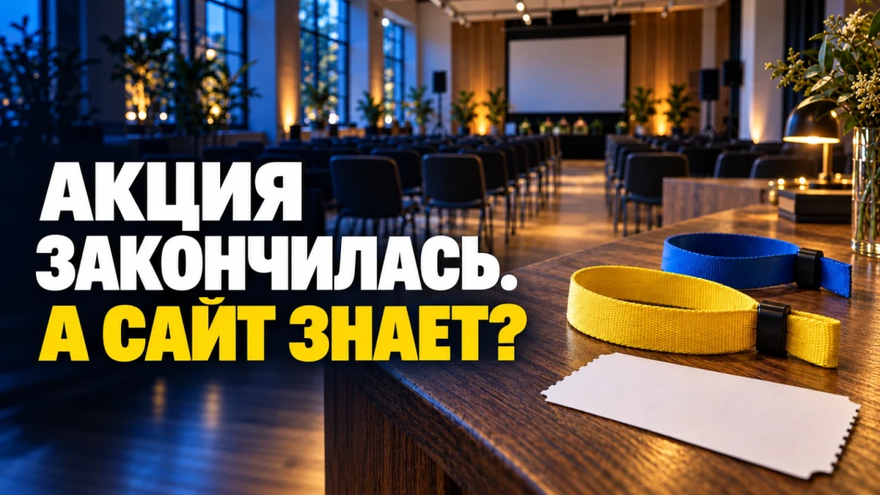 Жёлтый и синий браслеты и билет на стойке перед подготовленным залом; заголовок «АКЦИЯ ЗАКОНЧИЛАСЬ. А САЙТ ЗНАЕТ?»