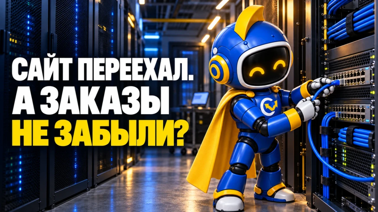 Фирменный вир подключает синий сетевой кабель в серверной; заголовок «САЙТ ПЕРЕЕХАЛ. А ЗАКАЗЫ НЕ ЗАБЫЛИ?»